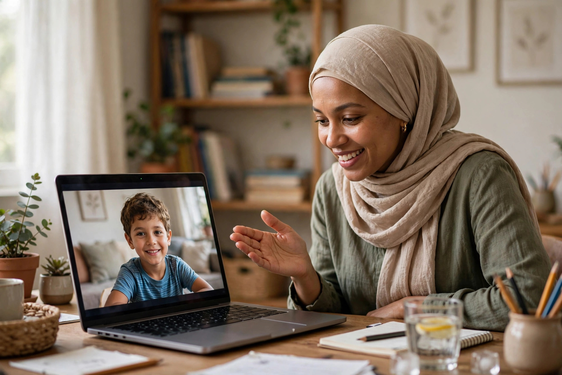 Female tutor teaching the Quran to a child in an online class