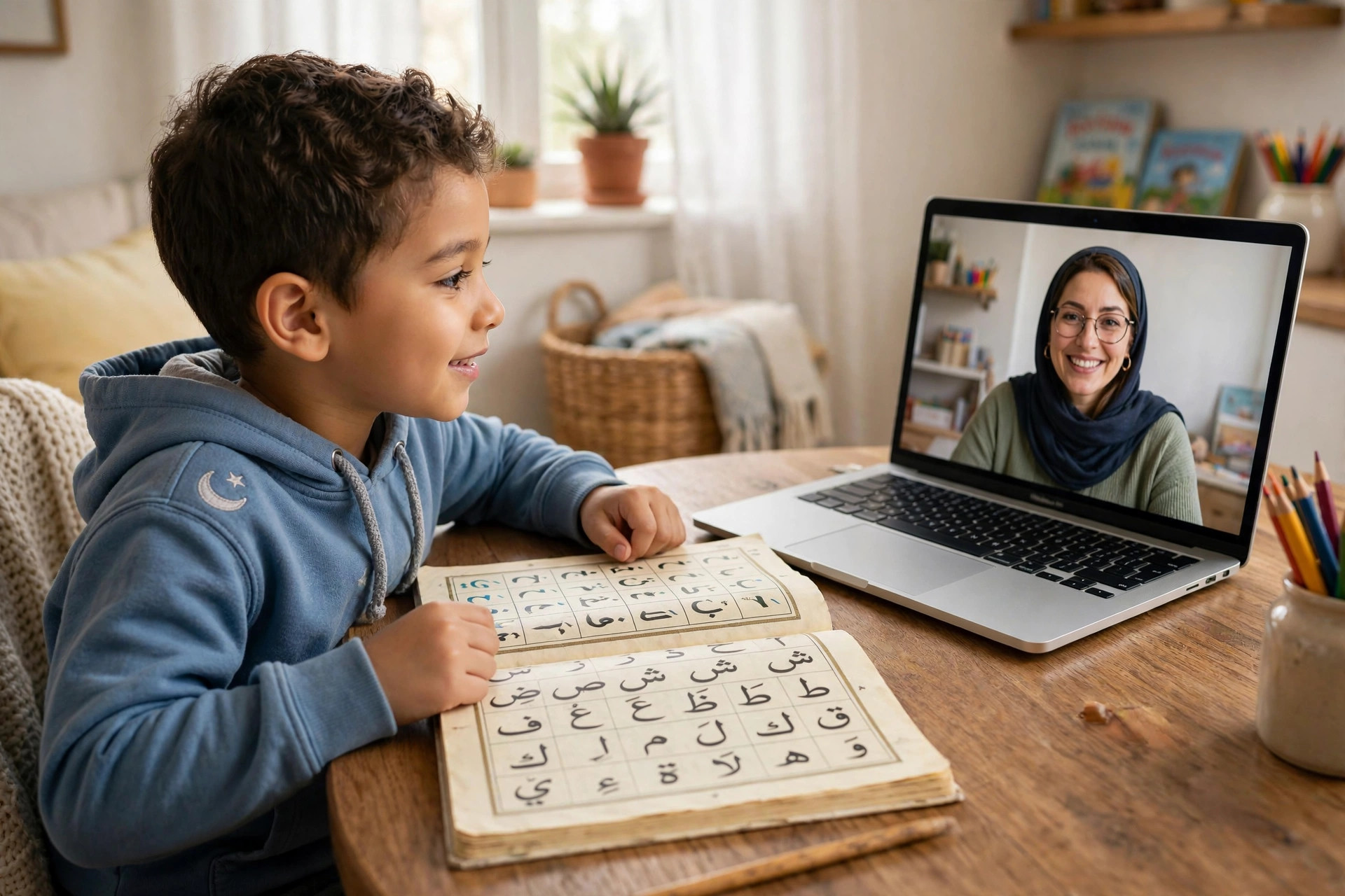 Child learning Noorani Qaida online with a qualified tutor